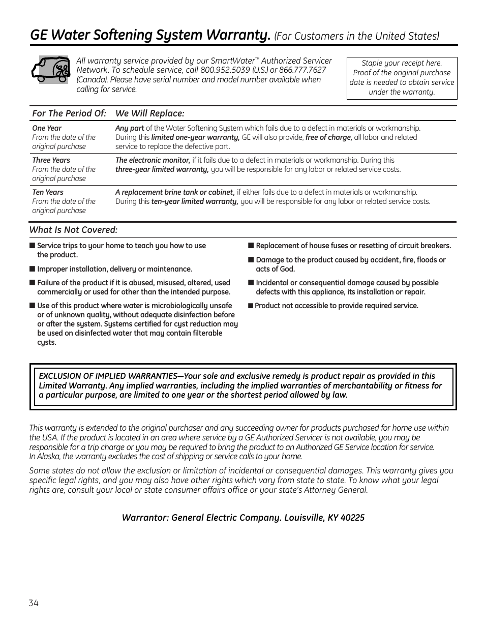 Warranty (u.s.), Ge water softening system warranty, For customers in the united states) | GE GNPR40L User Manual | Page 34 / 36