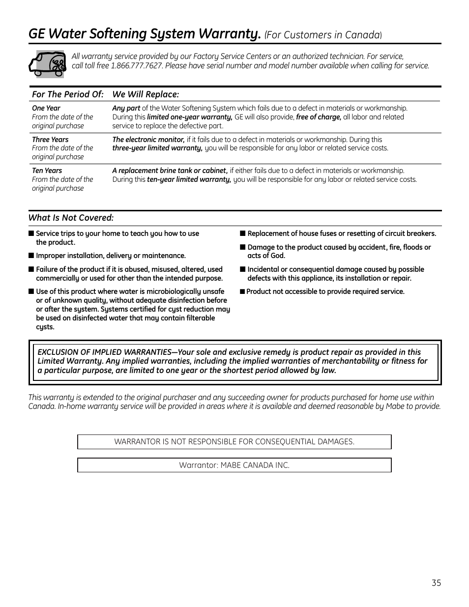 Warranty (canada), Ge water softening system warranty, For customers in canada | GE GNPR40L User Manual | Page 35 / 36