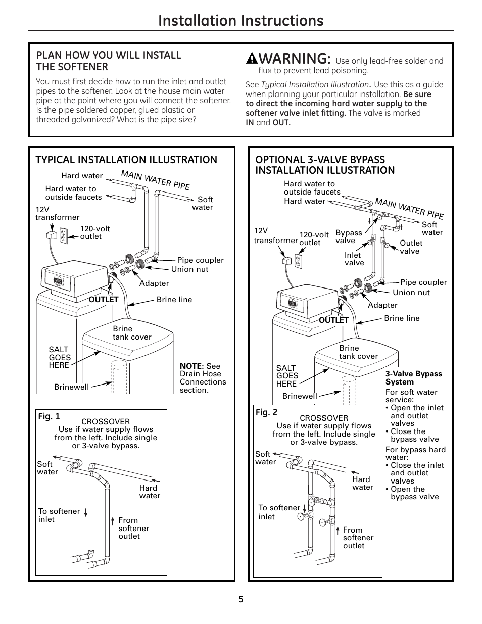 Installation instructions, Warning, Plan how you will install the softener | Typical installation illustration, Optional 3-valve bypass installation illustration | GE GNPR40L User Manual | Page 5 / 36