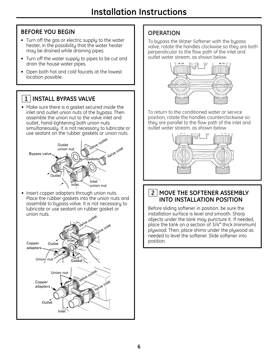 Step-by-step instructions, Step-by-step instructions –15, Installation instructions | Operation, Before you begin, Install bypass valve | GE GNPR40L User Manual | Page 6 / 36