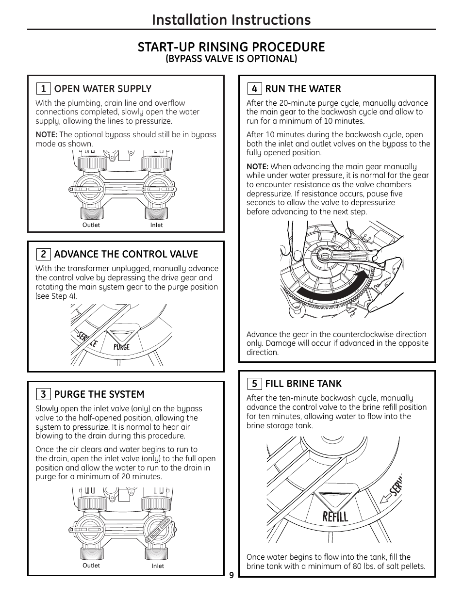 Installation instructions, Start-up rinsing procedure | GE GNPR40L User Manual | Page 9 / 36