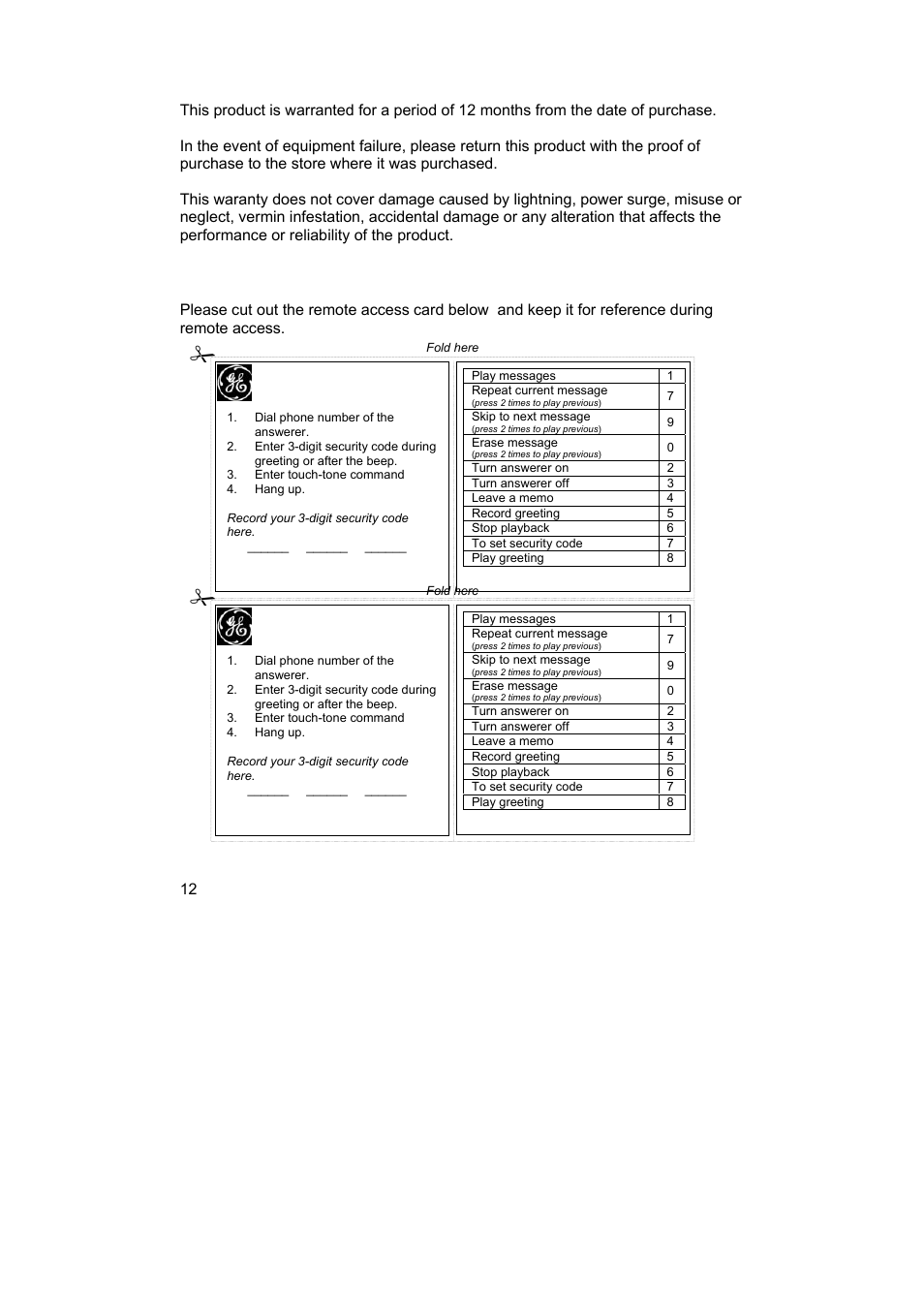Remote access instruction card, Warranty | GE NZ 29878 User Manual | Page 12 / 14