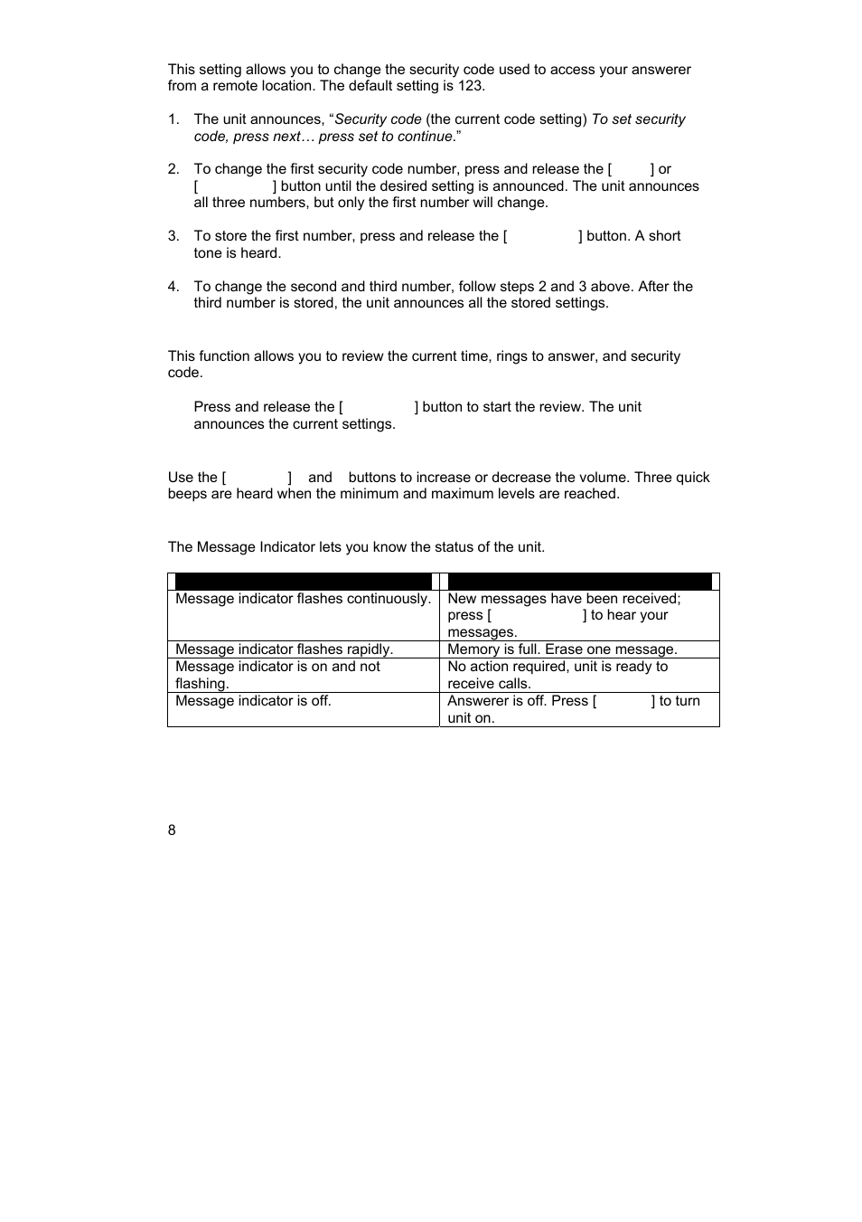 Setting the security code, Reviewing the settings, Message indicator | GE NZ 29878 User Manual | Page 8 / 14