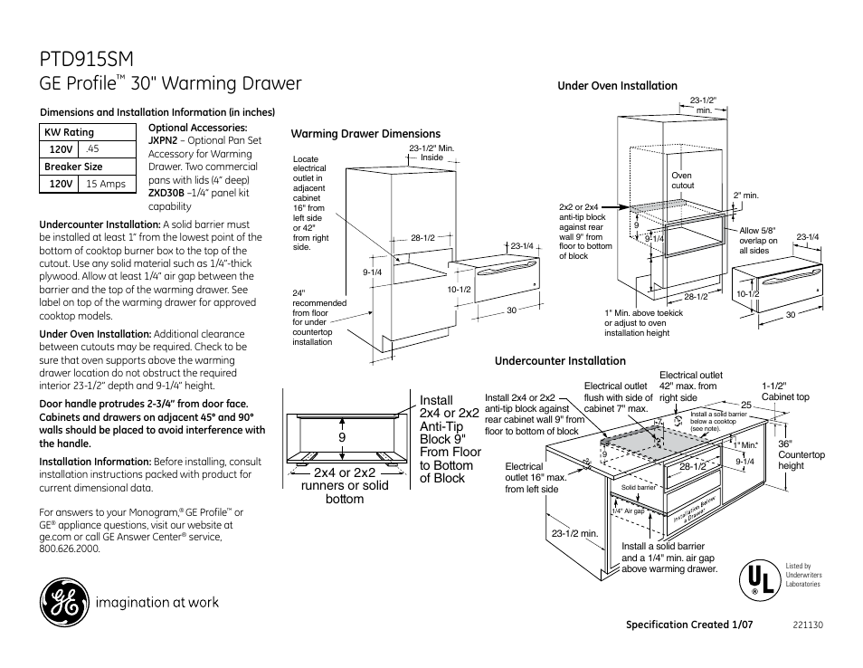 GE PTD915SMSS User Manual | 2 pages