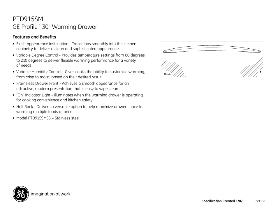 Ptd915sm, Ge profile, 30" warming drawer | GE PTD915SMSS User Manual | Page 2 / 2