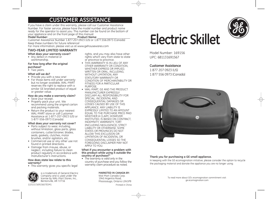 GE 169156 User Manual | 3 pages