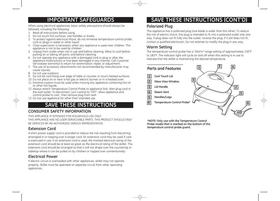 Save these instructions important safeguards, Save these instructions (cont'd) | GE 169156 User Manual | Page 2 / 3