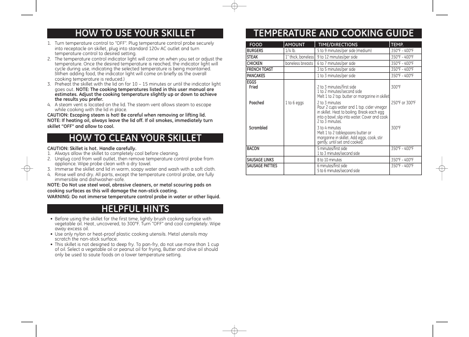 How to use your skillet, How to clean your skillet, Helpful hints | Temperature and cooking guide | GE 169156 User Manual | Page 3 / 3