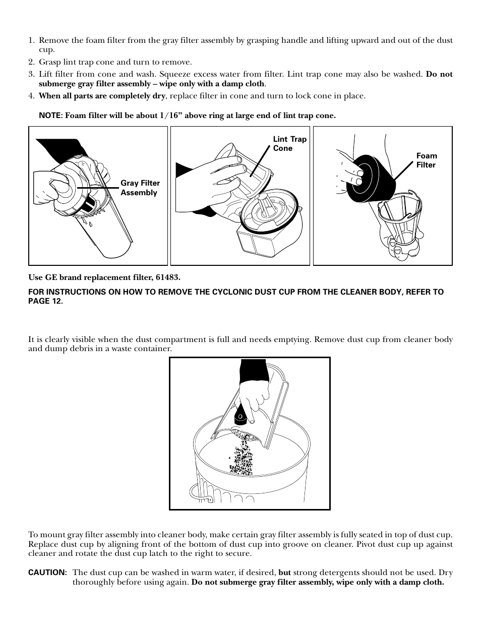 Filters, Filters -13, Emptying the cyclonic dust cup | Reinstalling the cyclonic dust cup | GE 106585 User Manual | Page 12 / 19