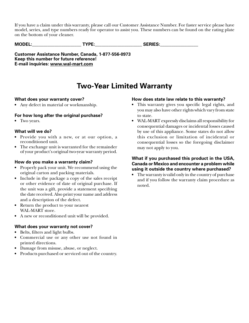 Warranty, Customer assistance, Two-year limited warranty | GE 106585 User Manual | Page 17 / 19