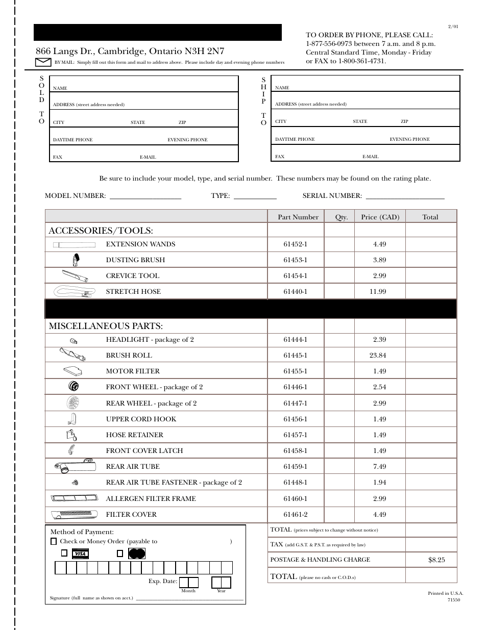 Customer order form, Authorized appliance parts, Accessories/tools | Miscellaneous parts | GE 106585 User Manual | Page 19 / 19