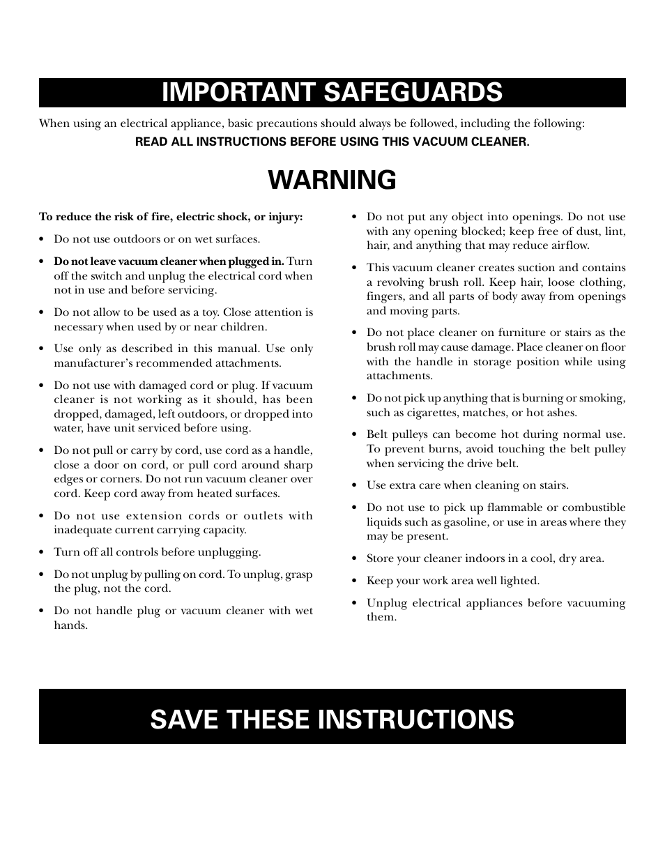 Important safeguards, Vacuum cleaner safety, Save these instructions warning | GE 106585 User Manual | Page 2 / 19