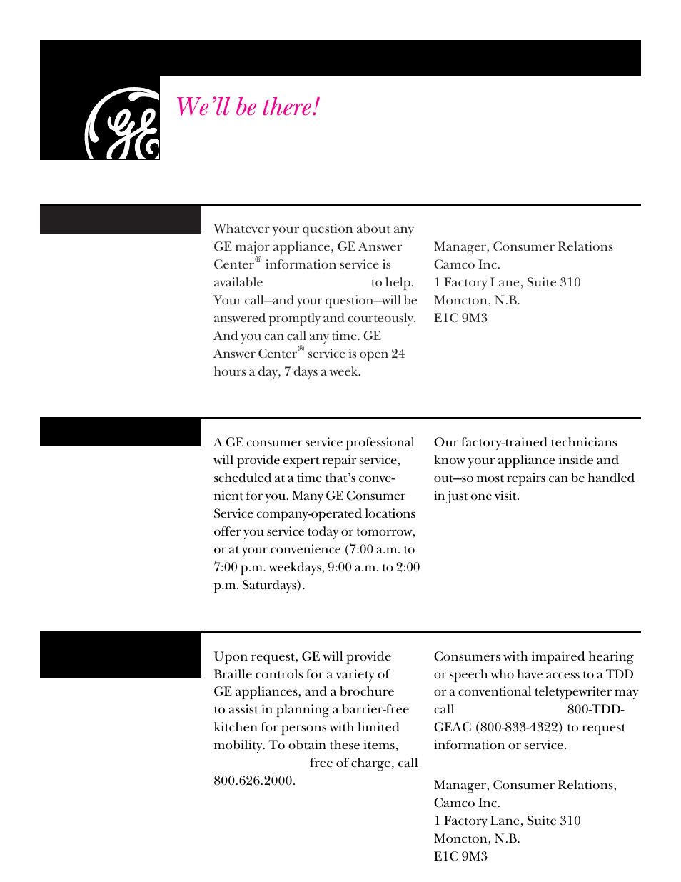 Ge service numbers, We’ll be there | GE DNSR473 User Manual | Page 22 / 76