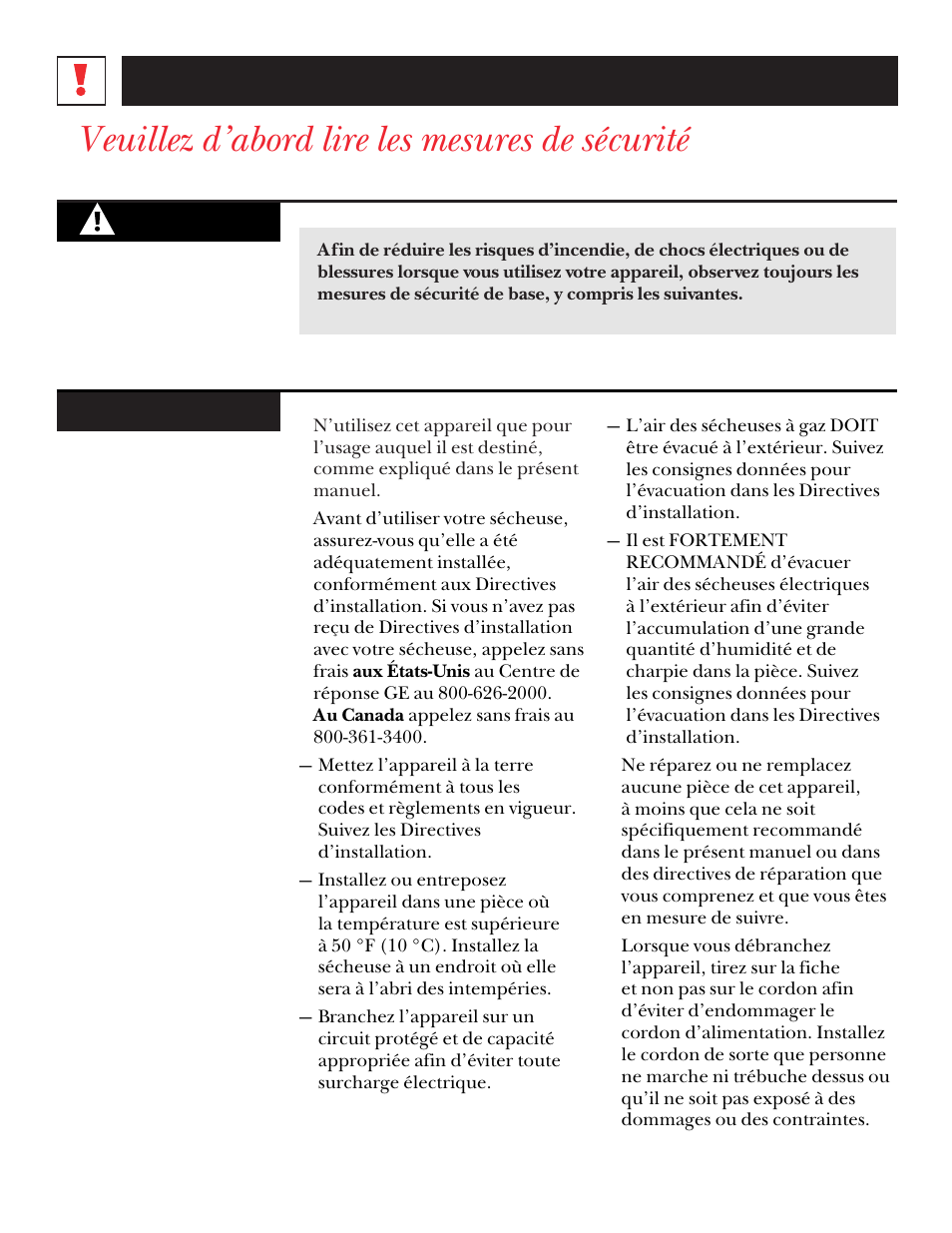 Veuillez d’abord lire les mesures de sécurité, Mesures de sécurité importantes | GE DNSR473 User Manual | Page 28 / 76