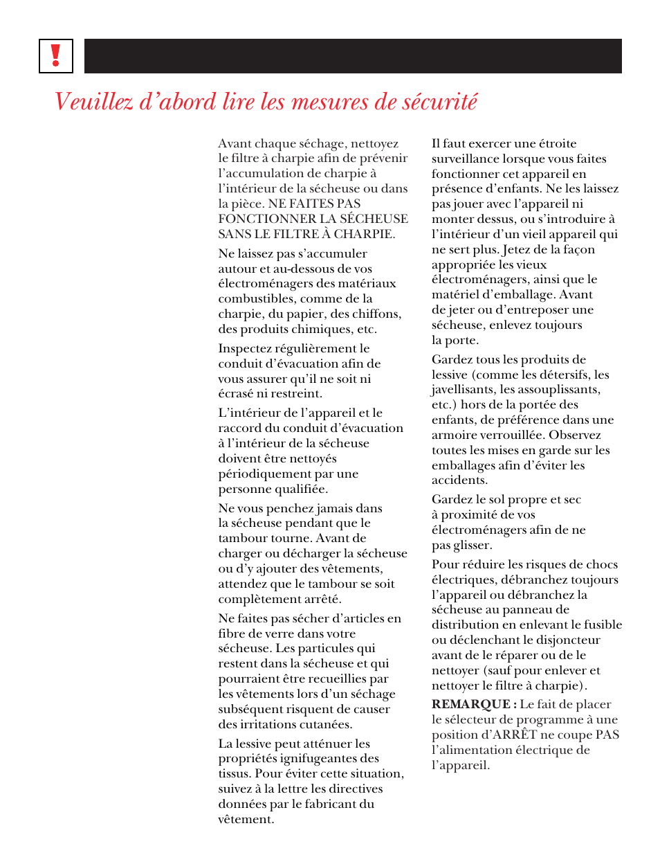 Veuillez d’abord lire les mesures de sécurité, Mesures de sécurité importantes | GE DNSR473 User Manual | Page 30 / 76