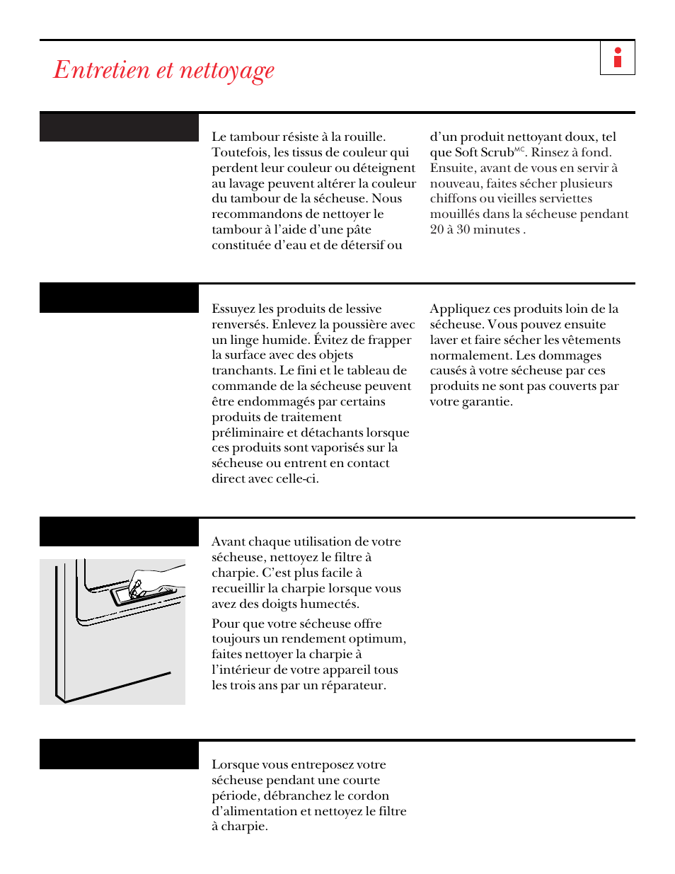 Entretien et nettoyage, Intérieur, Extérieur | Filtre à charpie, Entreposage | GE DNSR473 User Manual | Page 39 / 76