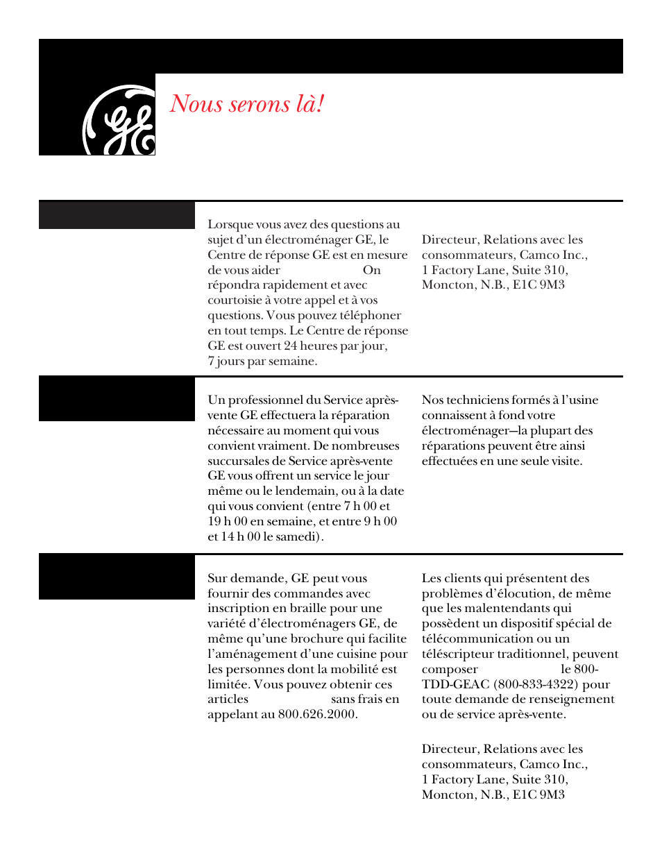 Nous serons là, Numéros de service ge | GE DNSR473 User Manual | Page 46 / 76