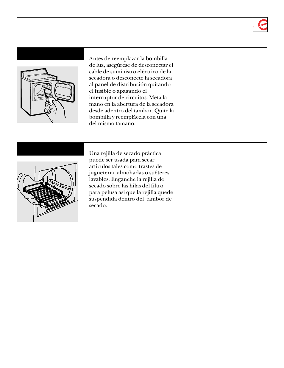 Luz del tambor, Rejilla de secado | GE DNSR473 User Manual | Page 61 / 76
