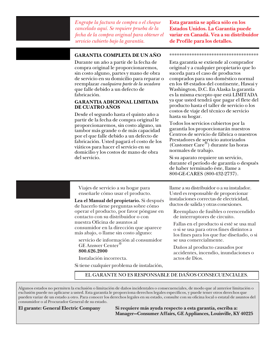 Garantia de la secadora, Qué está cubierto, Qué no está cubierto | GE DNSR473 User Manual | Page 74 / 76