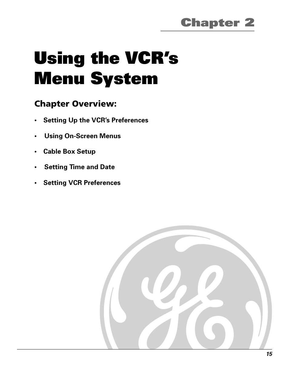 Using the vcr’s menu system, Chapter 2 | GE VG4250 User Manual | Page 17 / 56