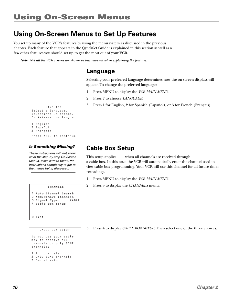 Using on-screen menus to set up features, Language, Cable box setup | Channels menu, Language menu, Menu button, Quickset guide, Cable box, Language feature, Using menu system | GE VG4250 User Manual | Page 18 / 56