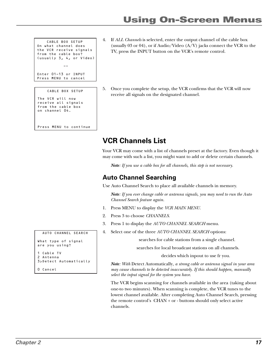 Vcr channels list, Auto channel searching, Audio/video (a/v) jacks | Auto channel search, Using on-screen menus | GE VG4250 User Manual | Page 19 / 56