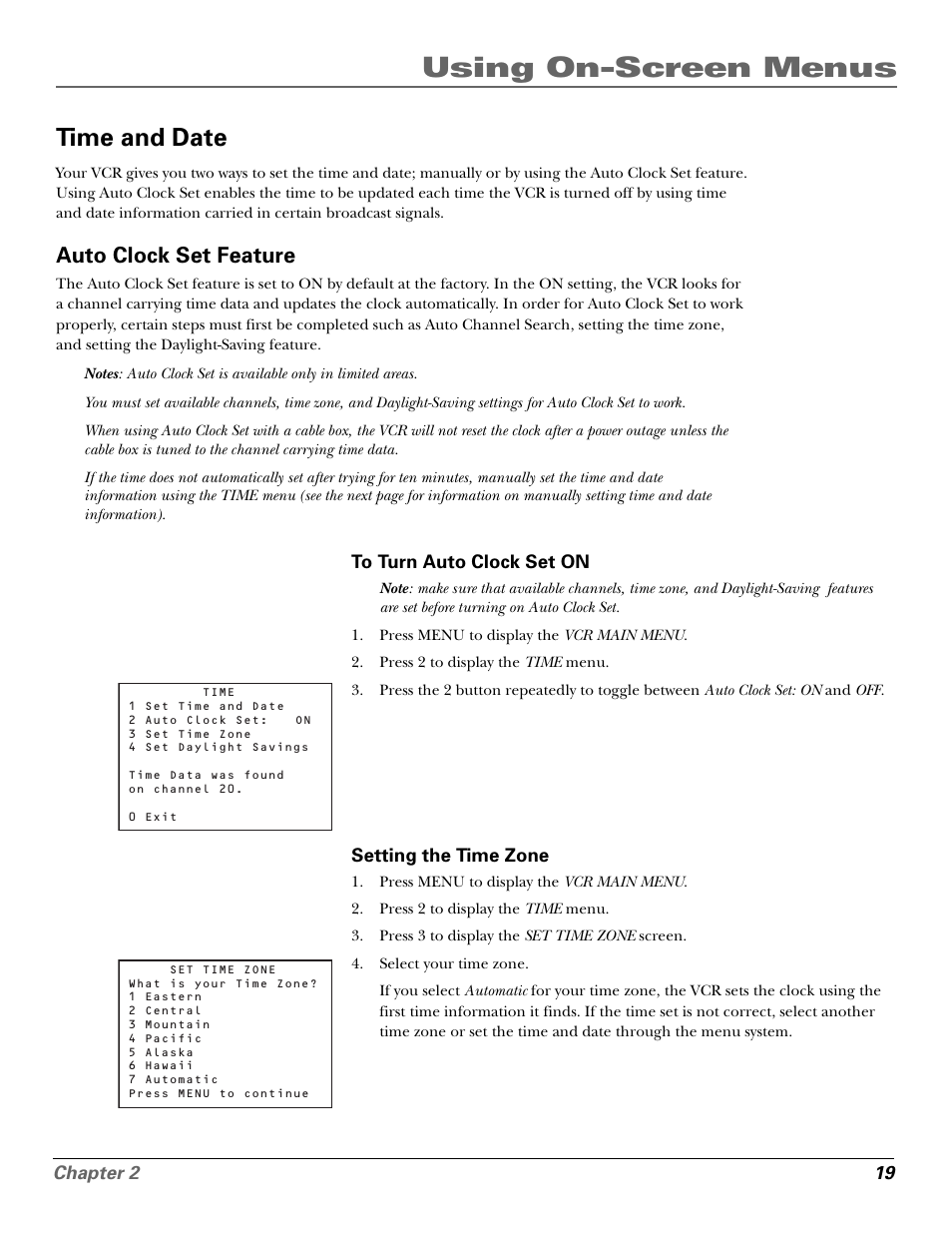 Time and date, Auto clock set feature, To turn auto clock set on | Setting the time zone, Auto clock feature, Date and time setting, Time and date setting, Time menu, Set time zone, To turn auto clock set on setting the time zone | GE VG4250 User Manual | Page 21 / 56