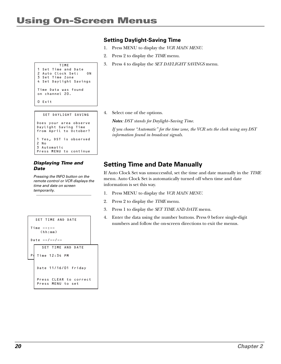 Setting daylight-saving time, Setting time and date manually, Number buttons | Set daylight saving, Using on-screen menus, 20 chapter 2 | GE VG4250 User Manual | Page 22 / 56