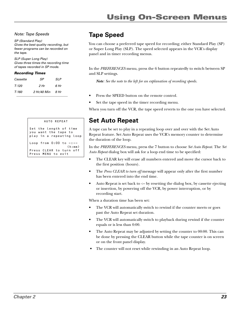 Tape speed, Set auto repeat, Speeds | Tape speed feature, Tape speeds, Tape speed set auto repeat, Using on-screen menus | GE VG4250 User Manual | Page 25 / 56
