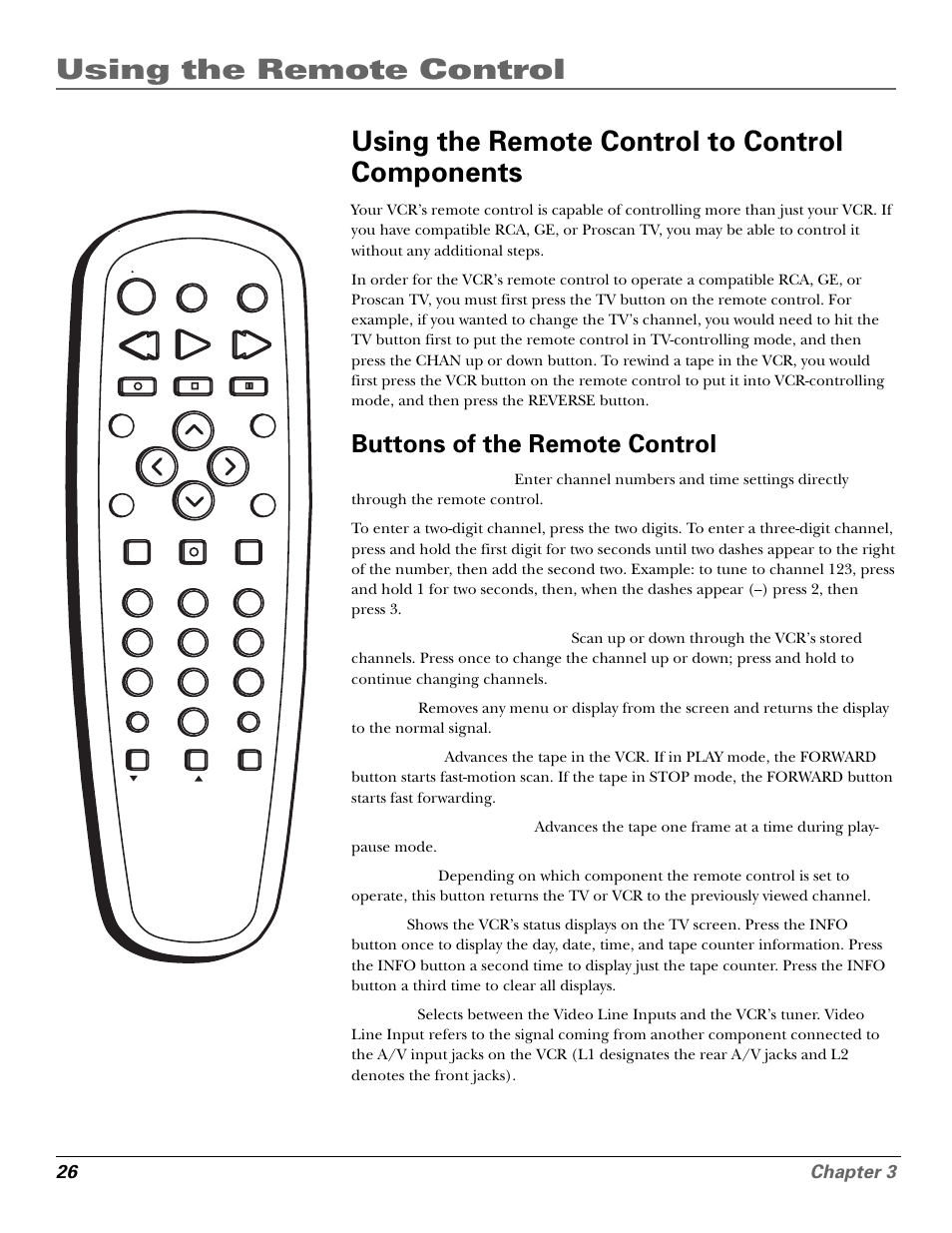 Using the remote control to control components, Buttons of the remote control, Ch + button | Ch - button, Clear button, Go back button, Using the remote control, 26 chapter 3 | GE VG4250 User Manual | Page 28 / 56