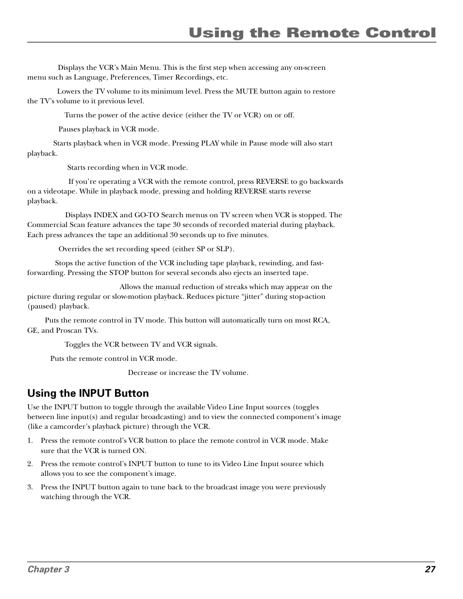 Using the input button, Mute button, Tv button | Vol+ button, Vol- button, Using the remote control | GE VG4250 User Manual | Page 29 / 56