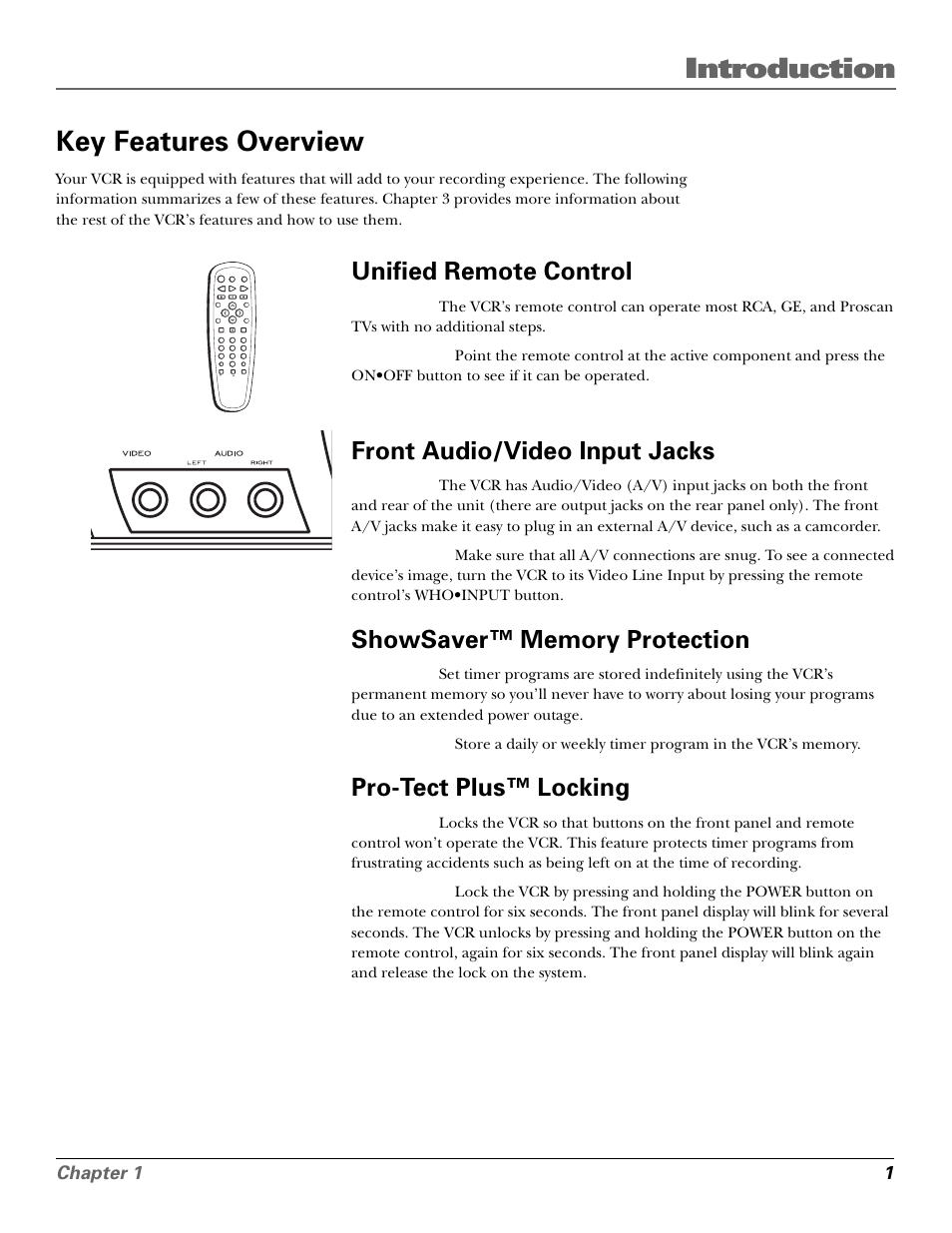Key features overview, Connections & setup, Introduction key features overview | Unified remote control, Front audio/video input jacks, Pro-tect plus™ locking, Chapter 1 1 | GE VG4250 User Manual | Page 3 / 56