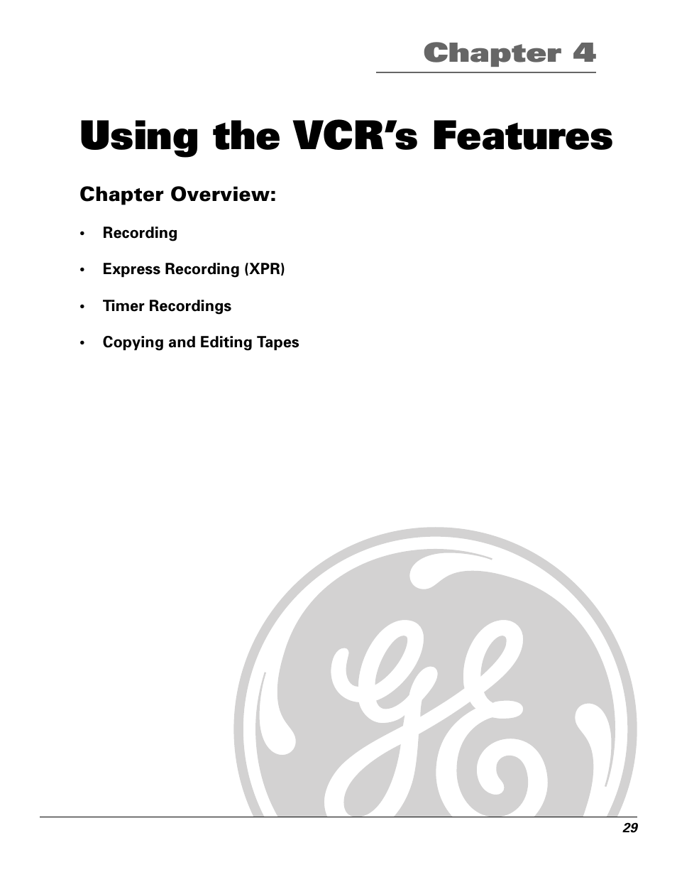 Using the vcr’s features, Chapter 4 | GE VG4250 User Manual | Page 31 / 56
