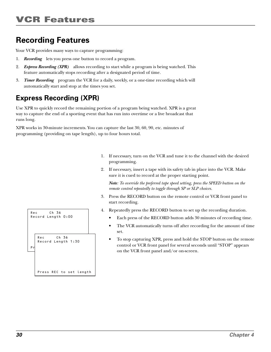 Recording features, Express recording (xpr), Express (xpr) | Vcr features | GE VG4250 User Manual | Page 32 / 56