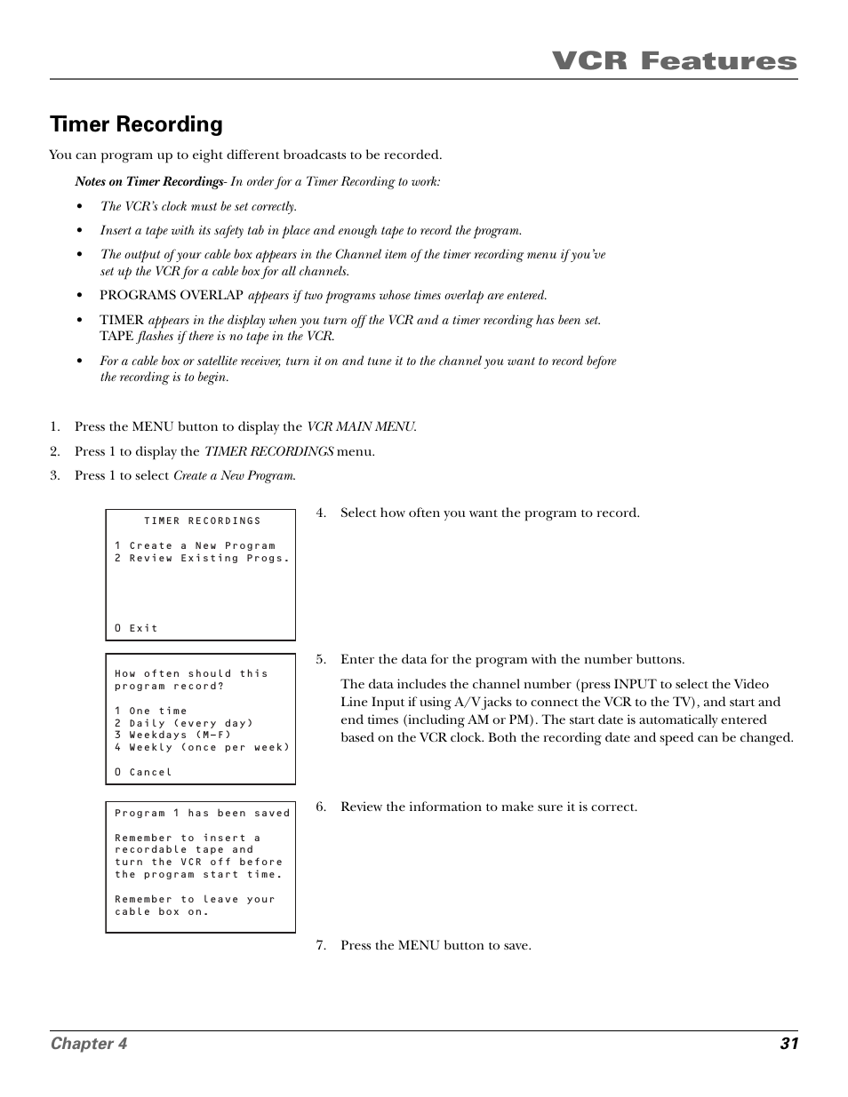 Timer recording, Input button, Timer | Tape display, Timer recordings menu, Vcr features | GE VG4250 User Manual | Page 33 / 56