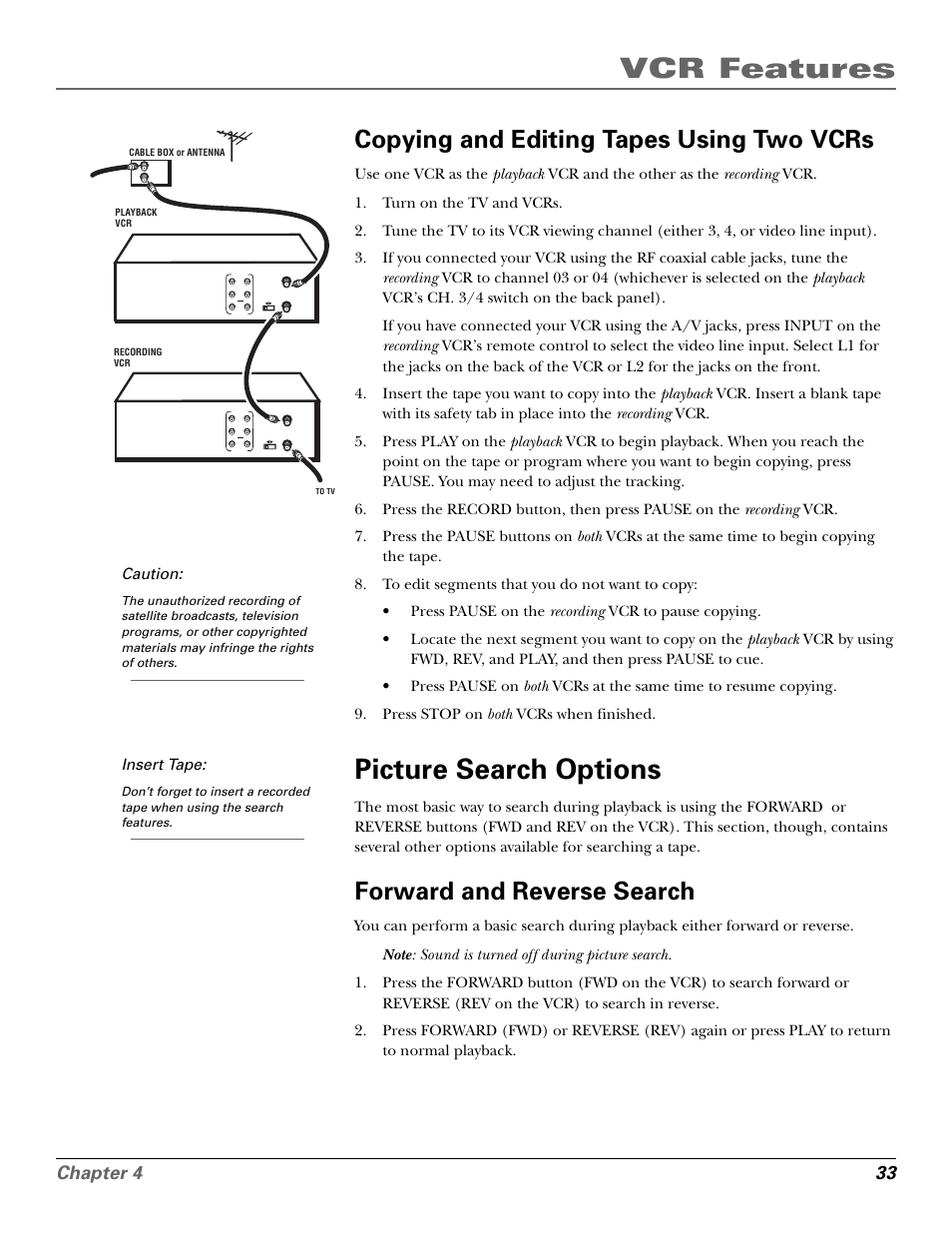 Copying and editing tapes using two vcrs, Picture search options, Forward and reverse search | Copying tapes, Fwd button, L1 indicator, L2 indicator, Copying/editing tapes, Rev button, Forward | GE VG4250 User Manual | Page 35 / 56