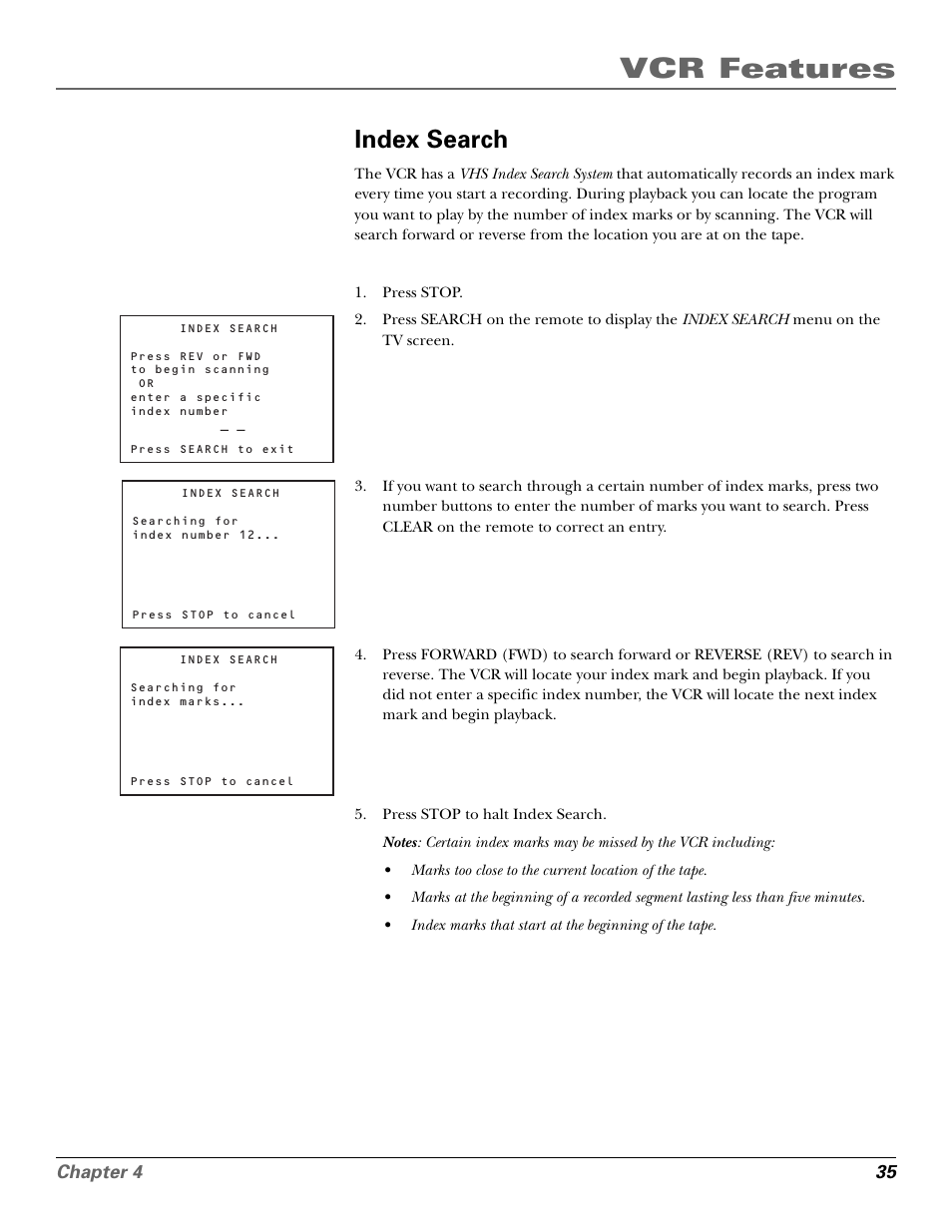Index search, Search button, Vcr features | GE VG4250 User Manual | Page 37 / 56