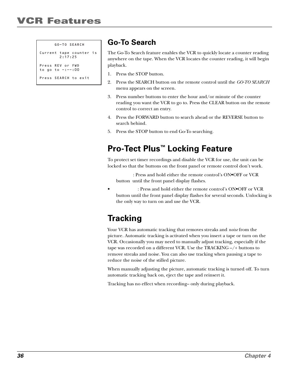 Go-to search, Pro-tect plus™ locking feature, Tracking | On•off button, Pro-tect plus, Pro-tect plus™ locking feature tracking, Vcr features, Locking feature | GE VG4250 User Manual | Page 38 / 56