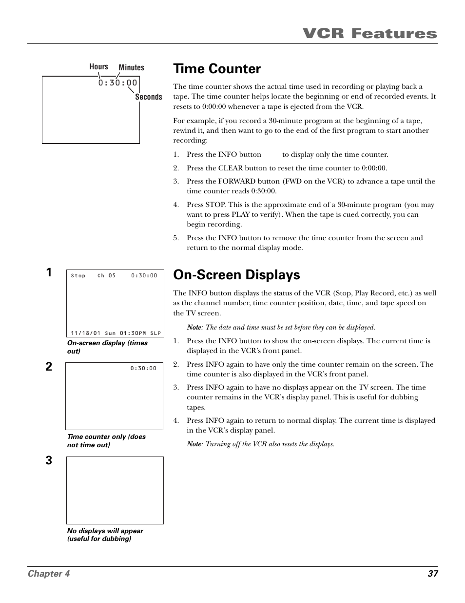 Time counter, On-screen displays, Displays, on screen | Info button, Time counter display, Time display on tv, Time counter on-screen displays, Vcr features | GE VG4250 User Manual | Page 39 / 56