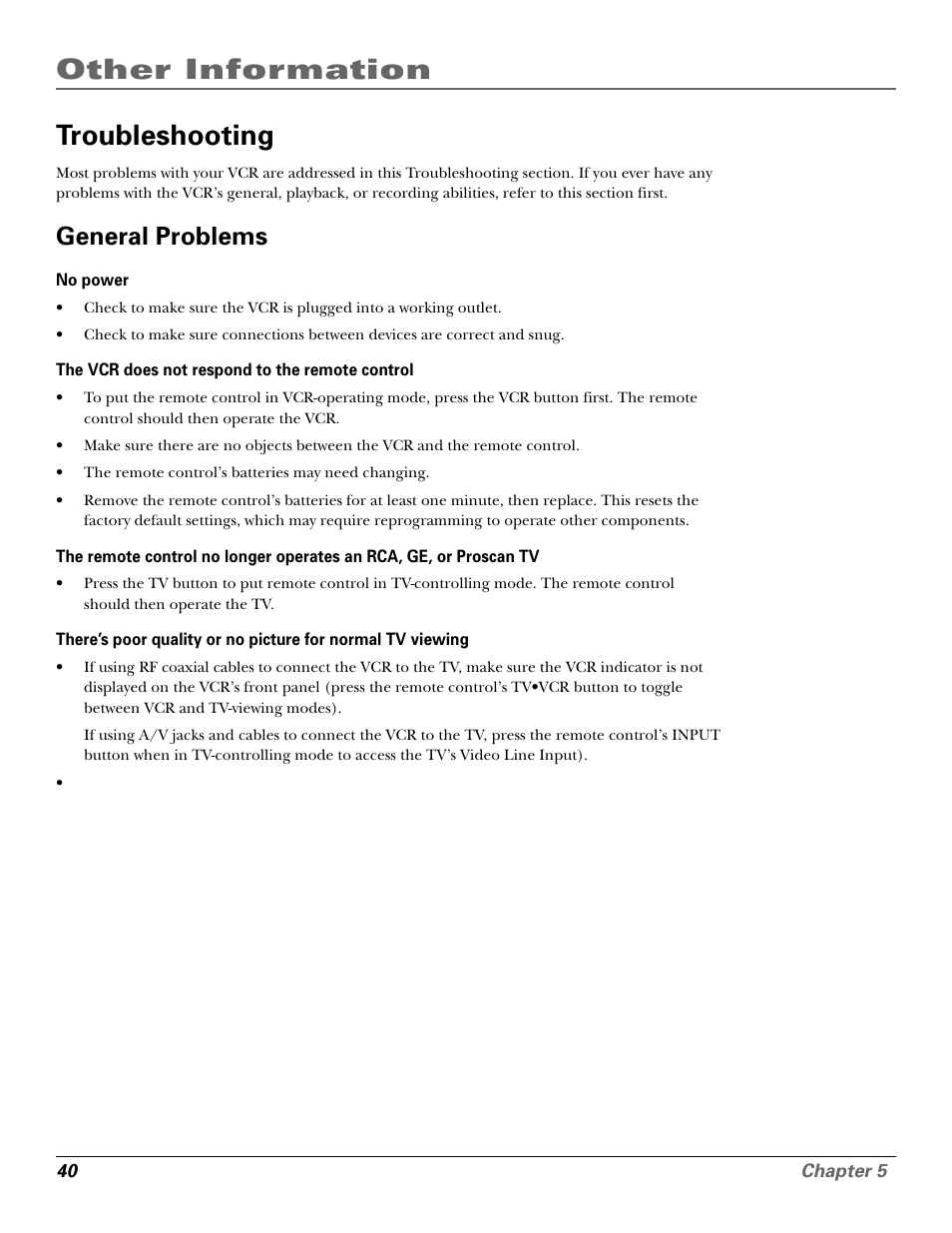 Troubleshooting, General problems, Other information | GE VG4250 User Manual | Page 42 / 56