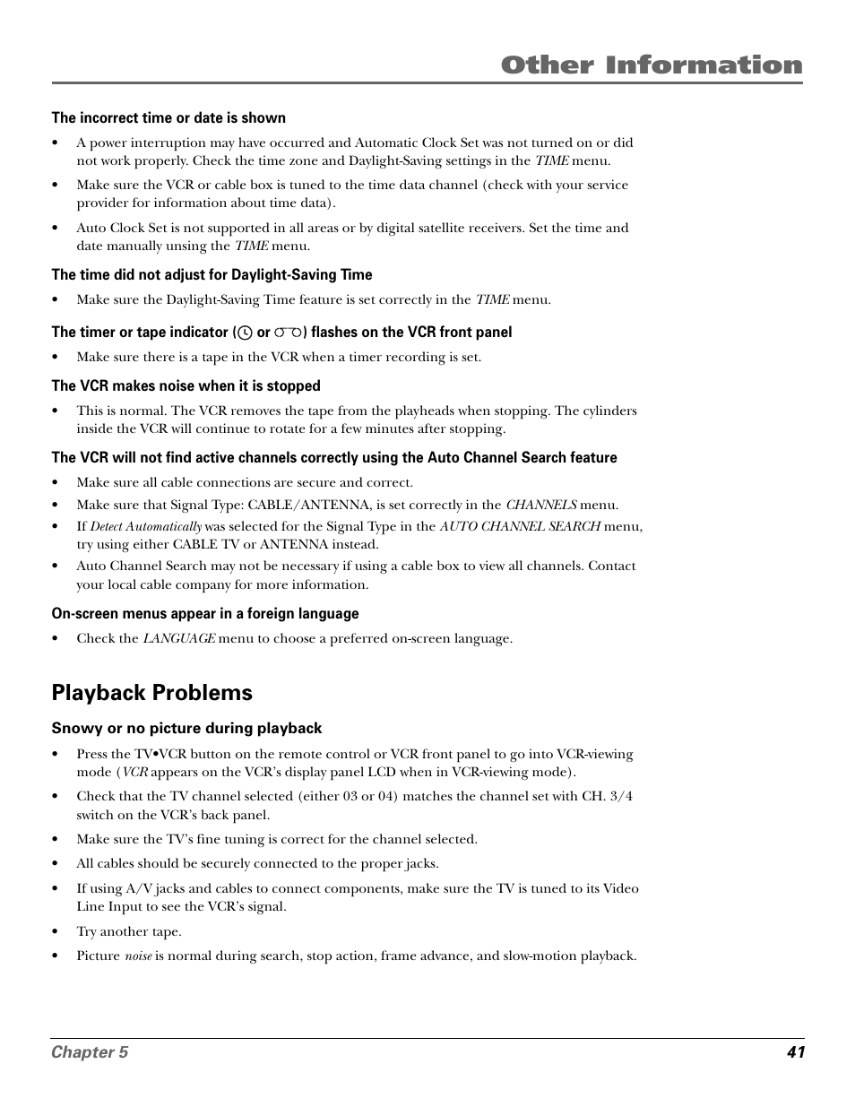 Playback problems, Other information | GE VG4250 User Manual | Page 43 / 56