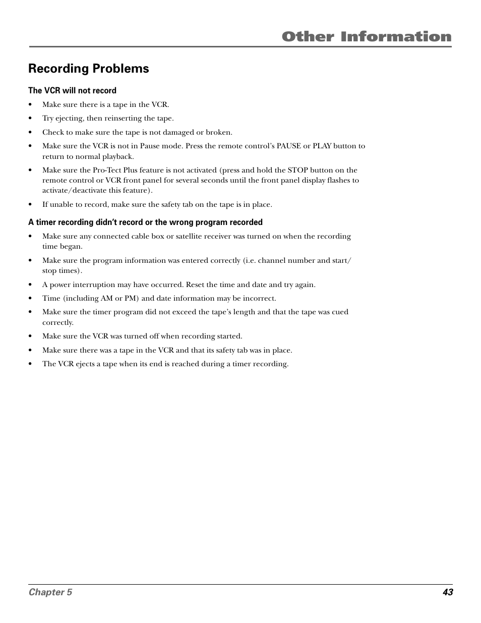 Recording problems, Other information | GE VG4250 User Manual | Page 45 / 56