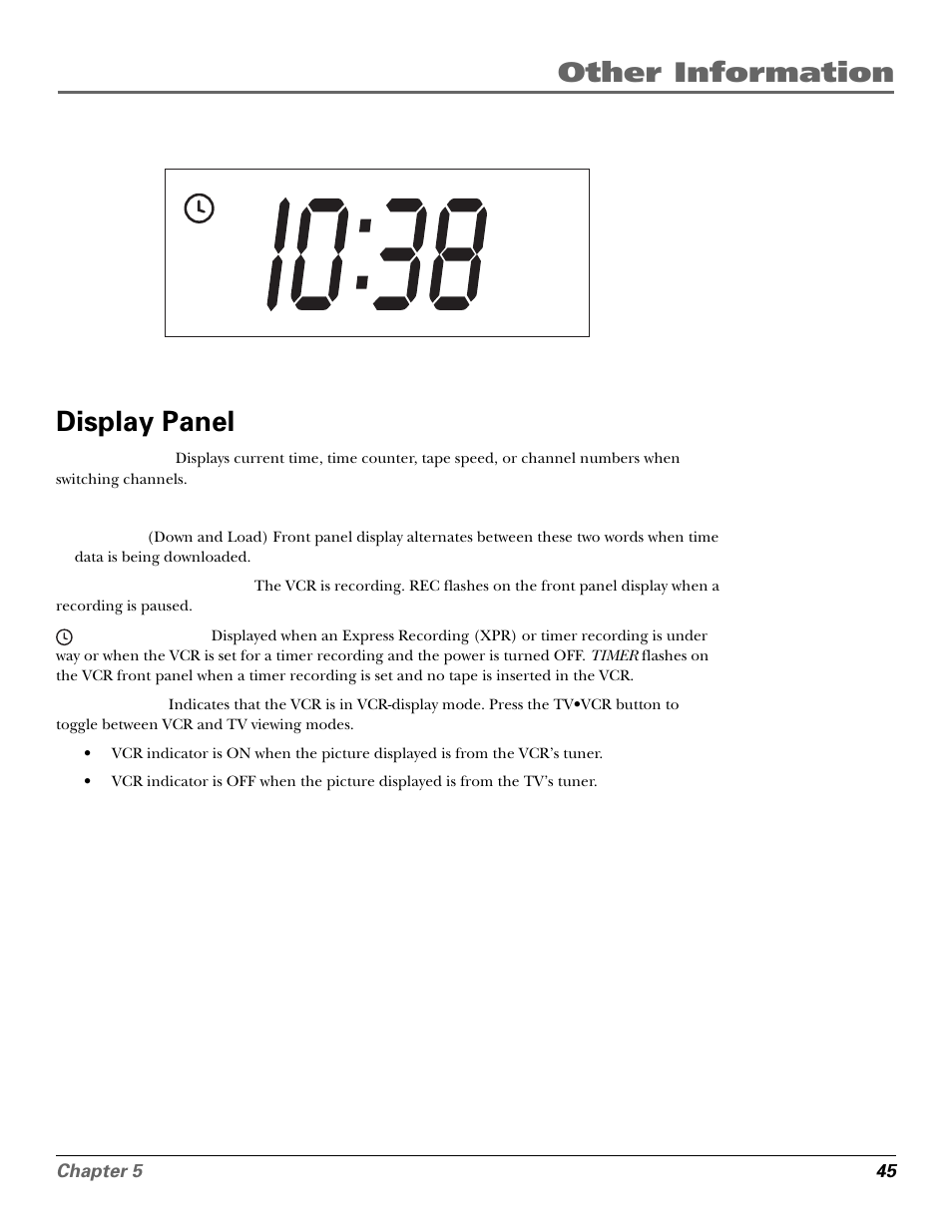 Display panel, Clock display, Indicators in display panel | Rec display, Other information display panel | GE VG4250 User Manual | Page 47 / 56
