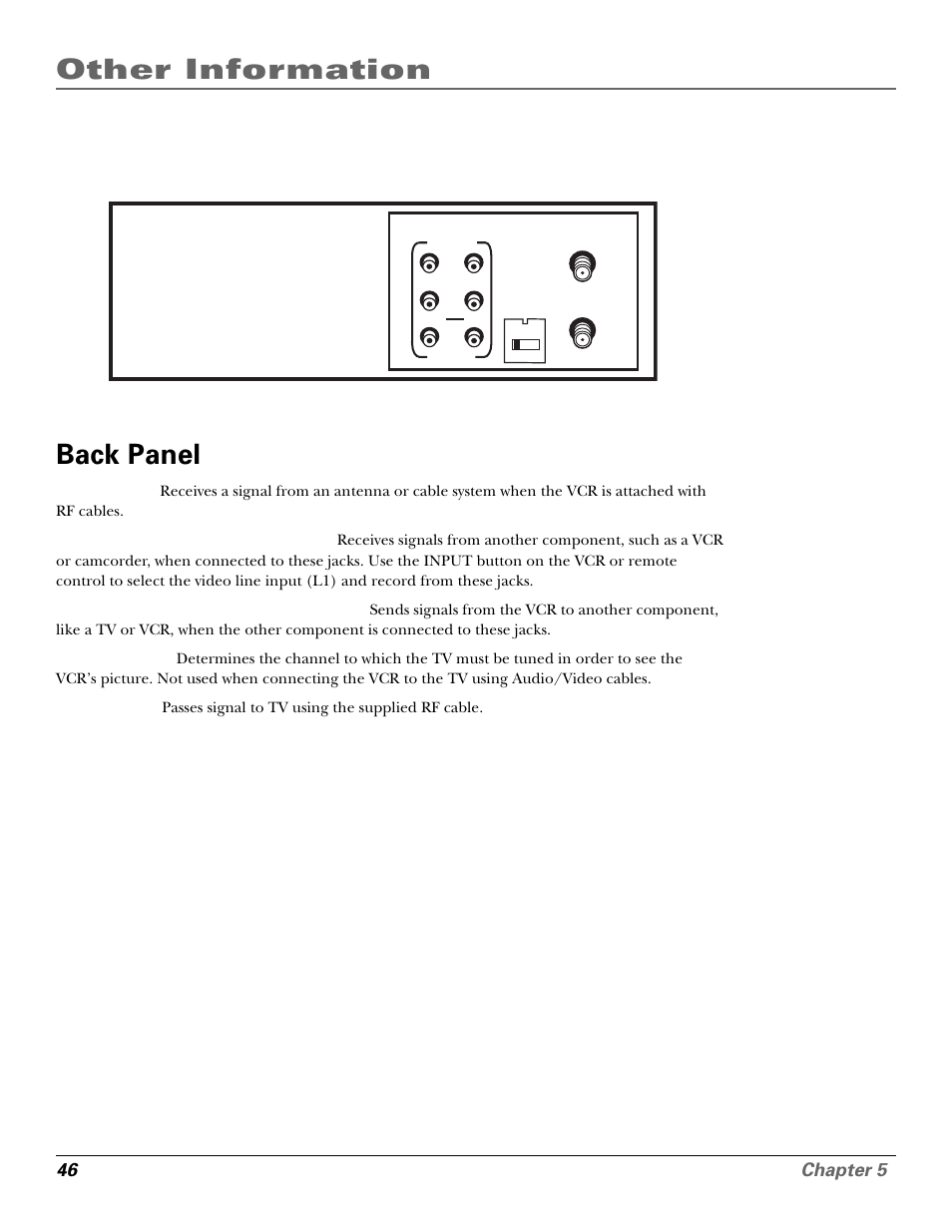 Back panel, Back panel jacks, Out (to tv) jack | Other information | GE VG4250 User Manual | Page 48 / 56