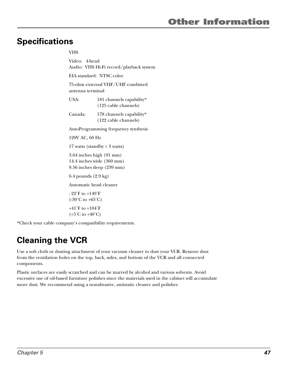 Specifications, Cleaning the vcr, Design specifications | Specifications cleaning the vcr, Other information specifications | GE VG4250 User Manual | Page 49 / 56