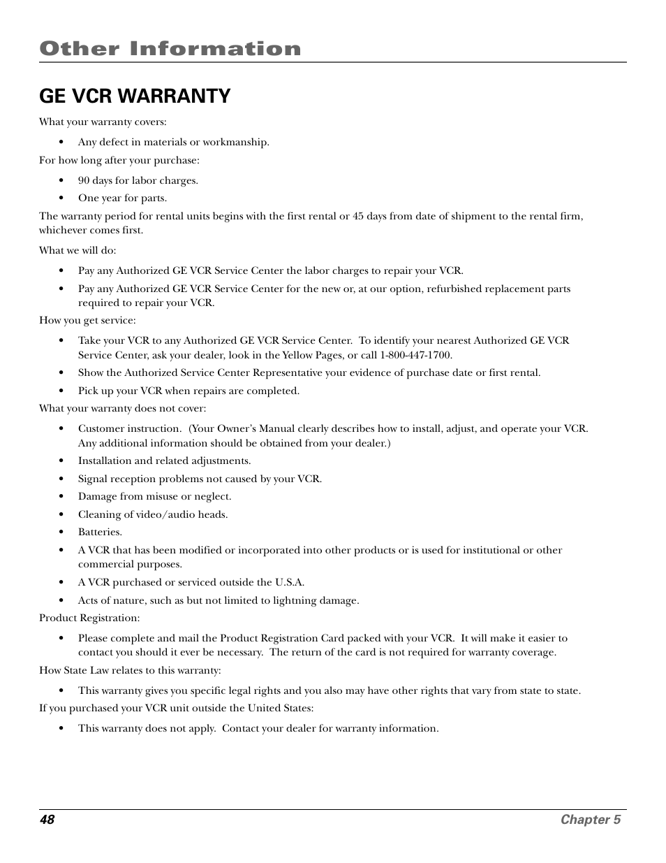 Ge vcr warranty, Other information | GE VG4250 User Manual | Page 50 / 56