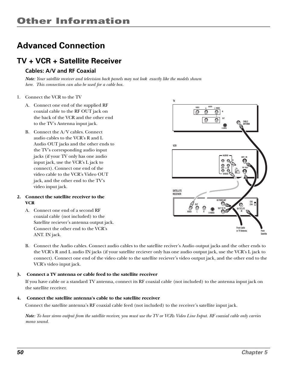 Advanced connection, Tv + vcr + satellite receiver, Audio in jacks | Other information, 50 chapter 5, Cables: a/v and rf coaxial | GE VG4250 User Manual | Page 52 / 56