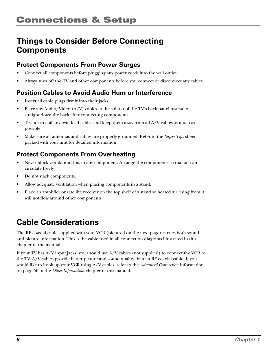 Things to consider before connecting components, Cable considerations, Positioning | Overheating, Power surges, Protect components from power surges, Position cables to avoid audio hum or interference, Protect components from overheating | GE VG4250 User Manual | Page 8 / 56