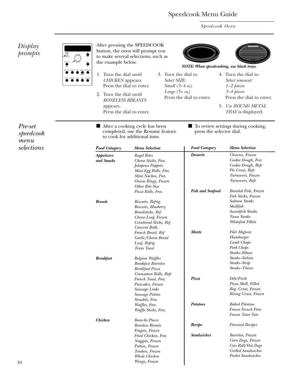 Speedcook menu guide, Display prompts, Pre-set speedcook menu selections | Speedcook oven | GE SCA2001 User Manual | Page 10 / 44