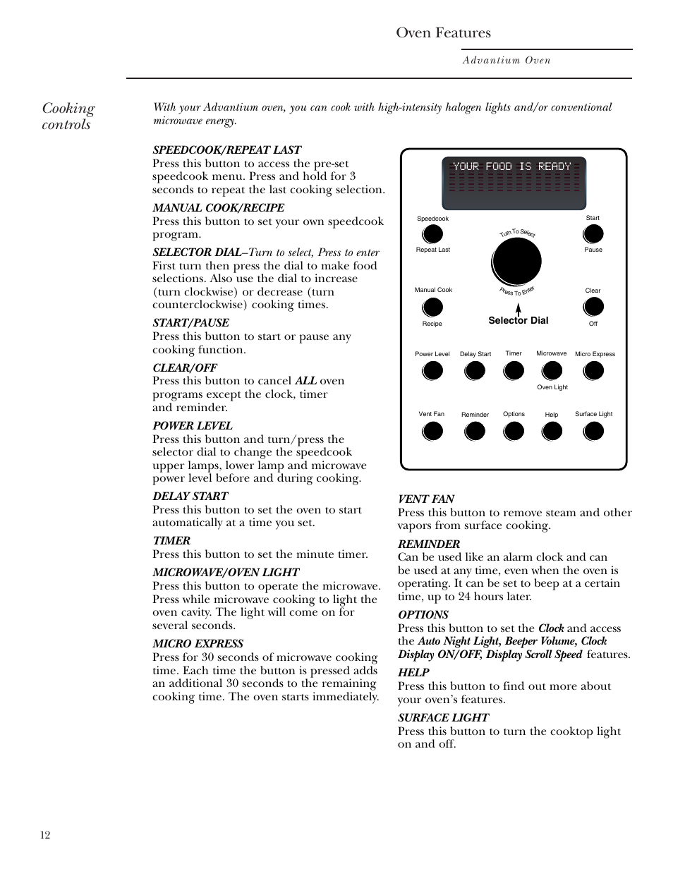 Cooking controls, Cooking controls oven features | GE SCA2001 User Manual | Page 12 / 44